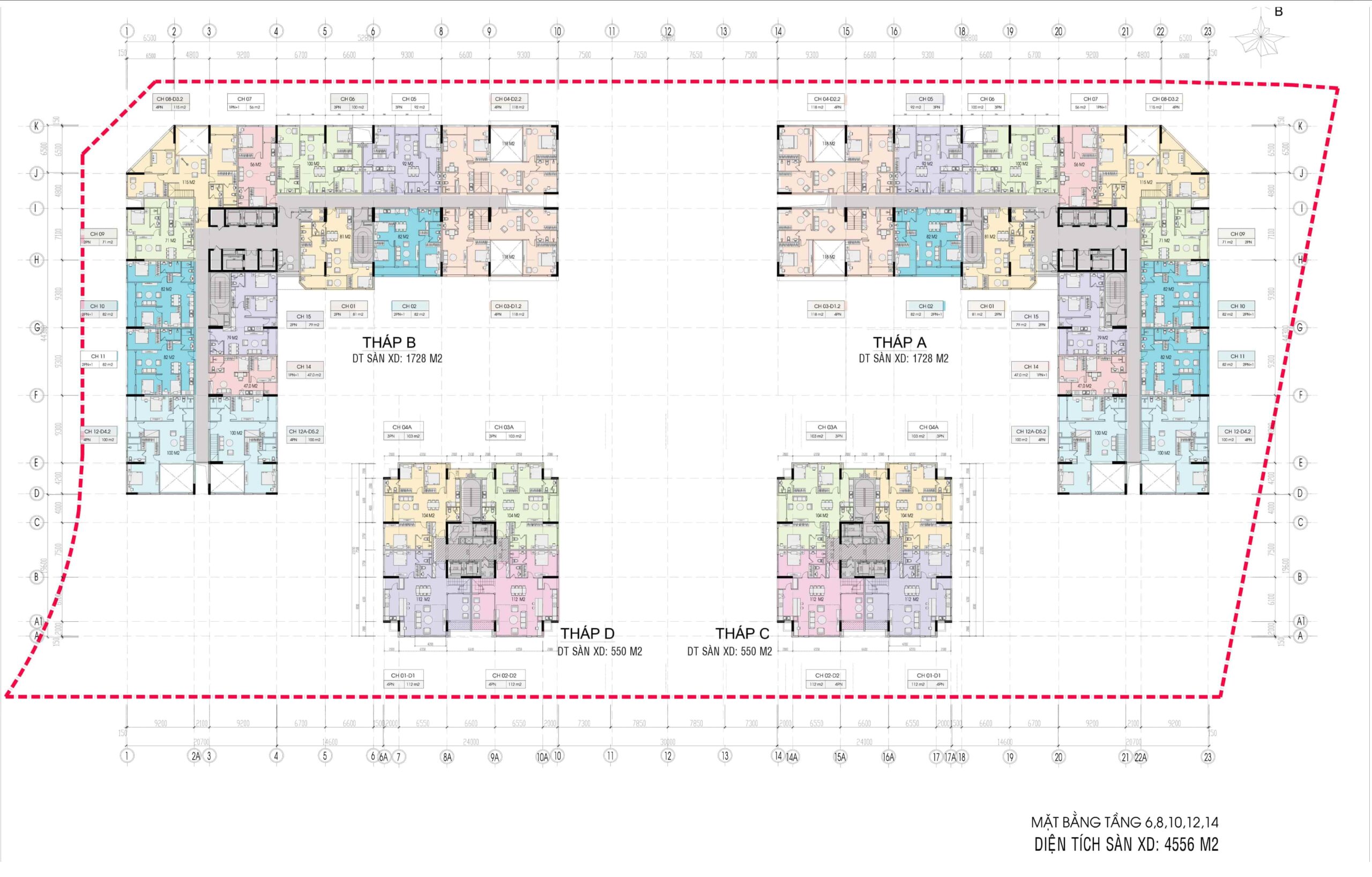 Mặt bằng tầng 6-8-10-12-14 chung cư Platinum Long Biên